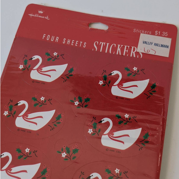 Vintage Hallmark Christmas Stickers, White Swans Green Holly, Red Envelope Seals - Picture 3 of 8